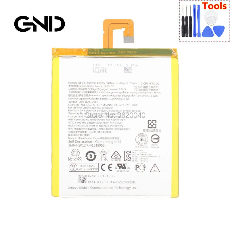 GND 3450mAh/13.1Wh 3.8V L13D1P31 Replacement Battery For LENOVO S5000 S5000-F tab2 A7-10F/30TC Li-ion BateriaLi-Polymer Batterie
GND 3450mAh/13.1Wh 3.8V L13D1P31 Replacement Battery For LENOVO S5000 S5000-F tab2 A7-10F/30TC Li-ion BateriaLi-Polymer Batterie