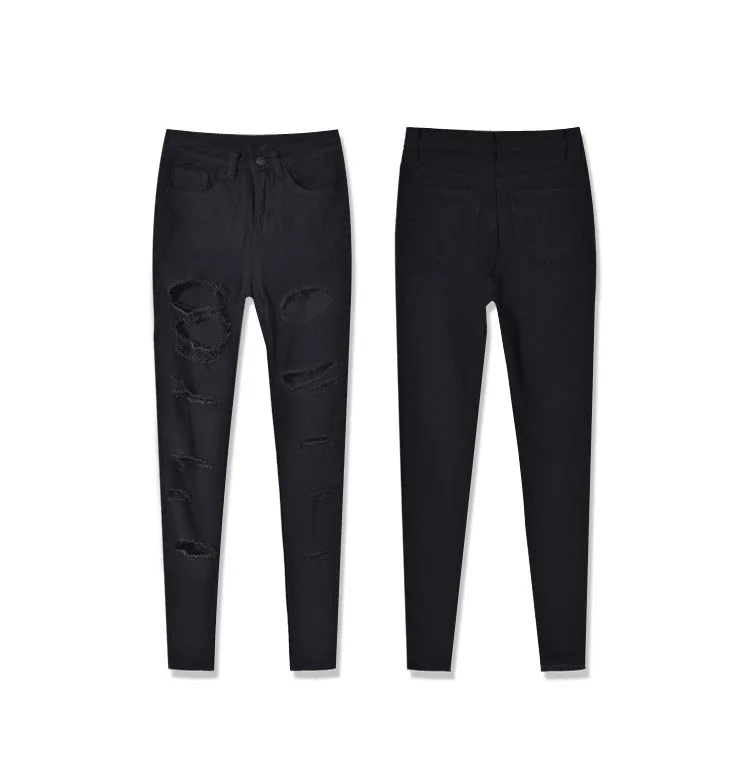 Women's personality hot style high-waisted stretch shows thin irregular broken pocket with large size denim trousers (1)