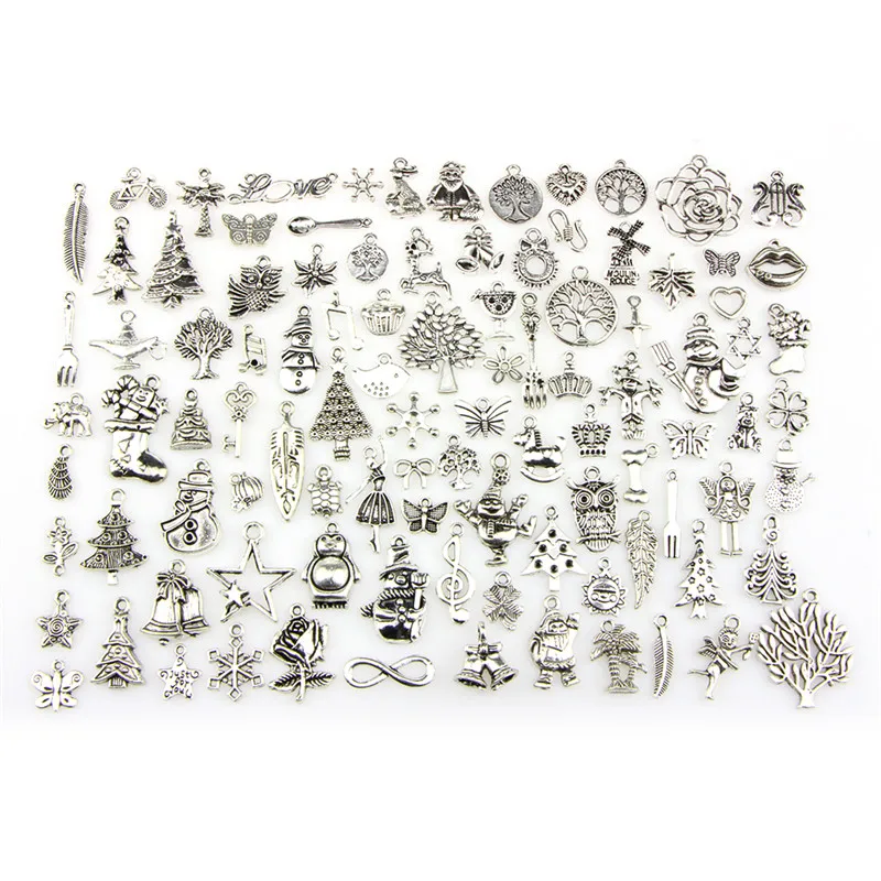 100 Pcs/Set Mix Vintage Antique Silver Christmas Tree Santa Snowflake Stocking Cane Charm Pendants DIY Nekclace Bracelet Jewelry 
100 Pcs/Set Mix Vintage Antique Silver Christmas Tree Santa Snowflake Stocking Cane Charm Pendants DIY Nekclace Bracelet Jewelry