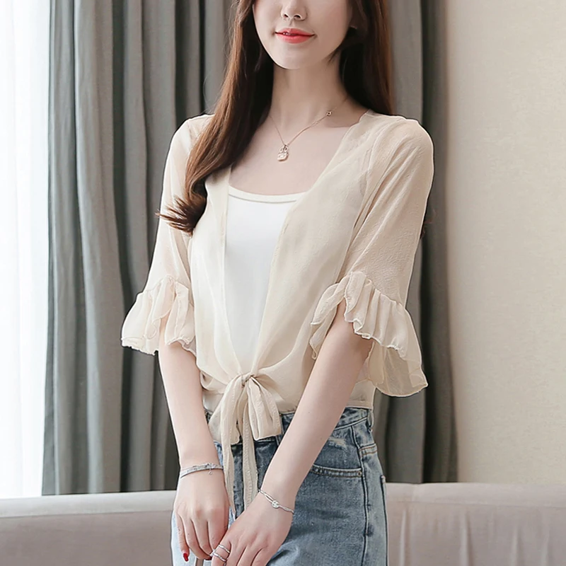 S-XL Ruffles Chiffon Blouses Summer Spring Women's V-Neck Casual Loose Shirts Cardigans Lady Short Sleeve Thin Sunproof Outwear
S-XL Ruffles Chiffon Blouses Summer Spring Women's V-Neck Casual Loose Shirts Cardigans Lady Short Sleeve Thin Sunproof Outwear