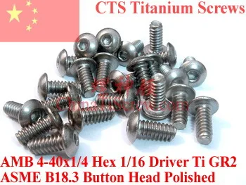 Titanium screws 4-40x1/4 Button Head Hex 1/16 Driver Ti GR2 Polished 50 pcs
Titanium screws 4-40x1/4 Button Head Hex 1/16 Driver Ti GR2 Polished 50 pcs