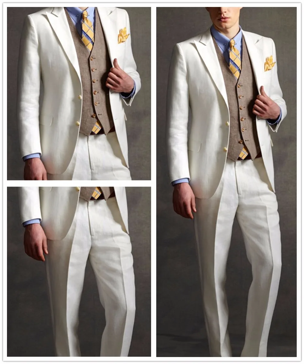 Image 2017 White Groom Tuxedos Brown Waistcoat Italian Style Mens Wedding Prom Dinner Suits 3 Piece Man Suit (Jacket+Pants+Vest) terno