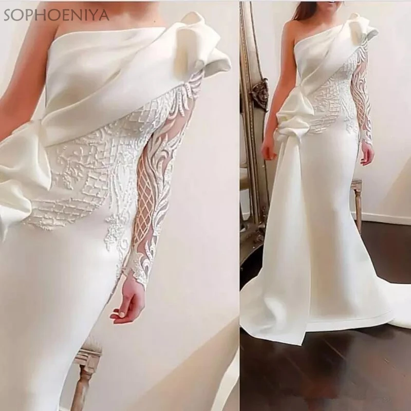 Elegant One Shoulder Mermaid Evening Dresses 2019 White Long Sleeves evening Gowns Satin Ruched Ruffles Applique Formal dress
Elegant One Shoulder Mermaid Evening Dresses 2019 White Long Sleeves evening Gowns Satin Ruched Ruffles Applique Formal dress