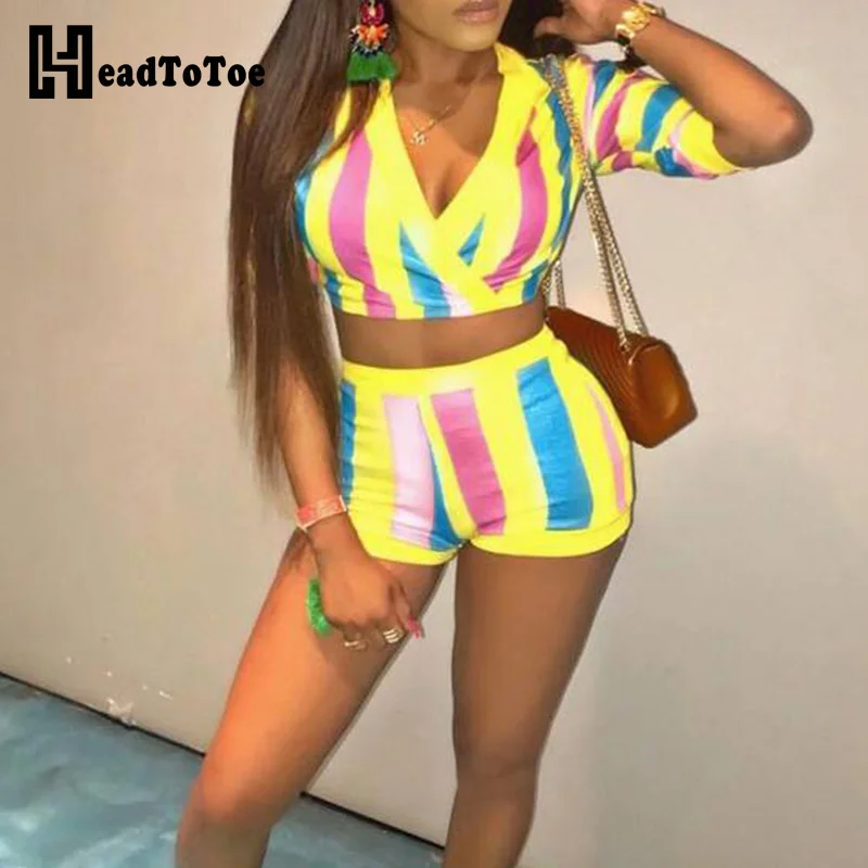 Women Summer V-neck Crop Top & Shorts Set Colorful Stripe Print 2 Piece Outfits for Women Track Suit
Women Summer V-neck Crop Top & Shorts Set Colorful Stripe Print 2 Piece Outfits for Women Track Suit