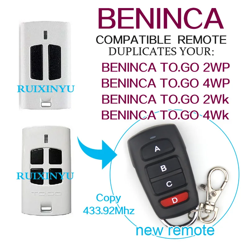 BENINCA TOGO 2WK, BENINCA 4WK, BENINCA WP remote control 433.92MHz Universal remote control
BENINCA TOGO 2WK, BENINCA 4WK, BENINCA WP remote control 433.92MHz Universal remote control