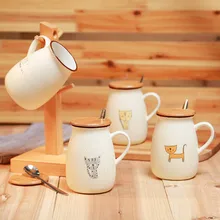 Kid Children Funny Gift Travel Cat Ceramic Coffee Milk Drinking Mug with Wooden lid Handle Spoon