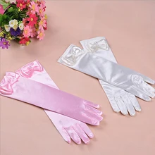Rękawiczki dla dziewczynek długie księżniczki rękawiczki dziewczęce rękawiczki prezent urodzinowy niebieska suknia ślubna rękawiczki z kokardką akcesoria kostiumowe satynowe(China)
