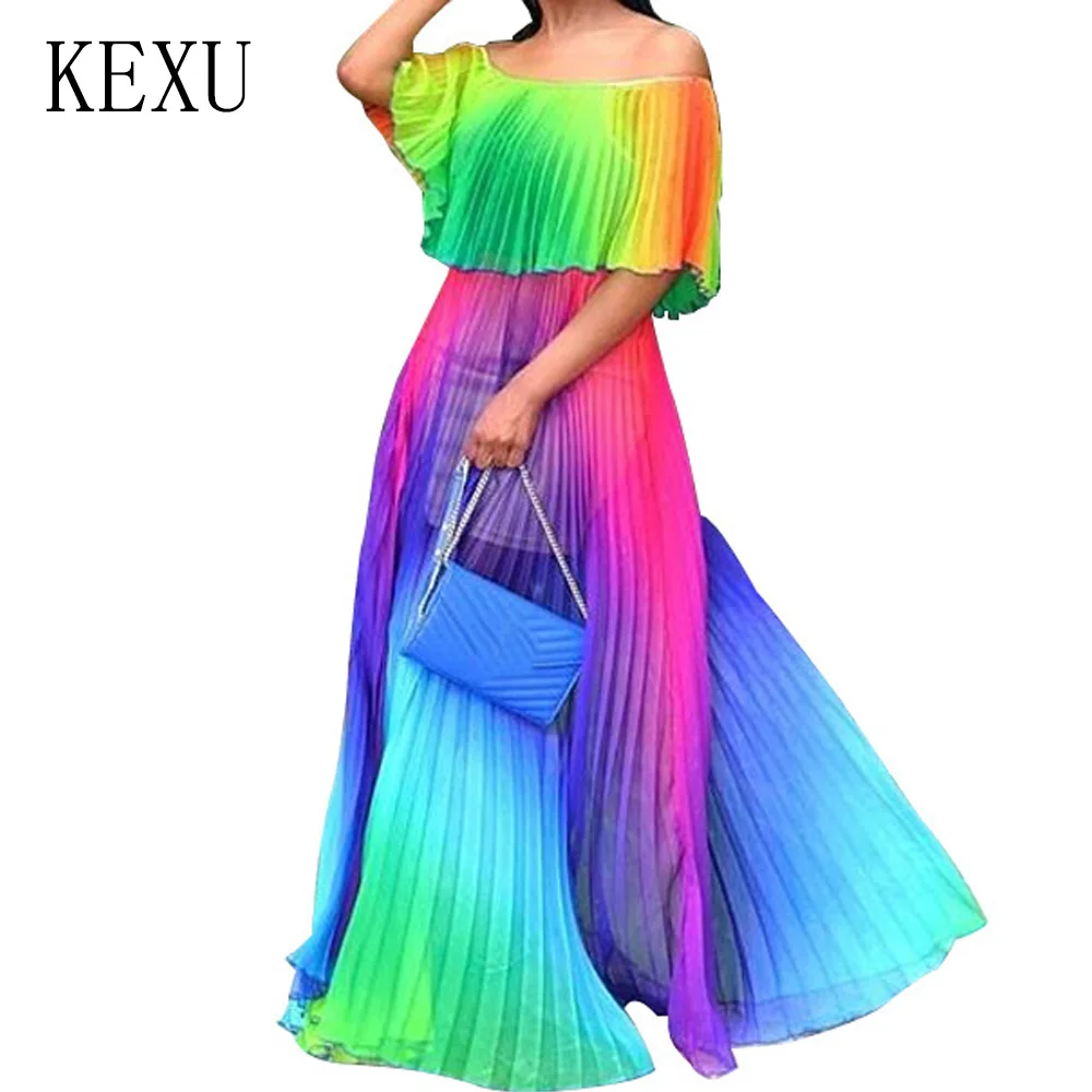 KEXU Summer Gradient Color Pleated Long Chiffon Dress Elegant Lady Off Shouder Vintage Loose Maxi Dress Women Casual Street Wear
KEXU Summer Gradient Color Pleated Long Chiffon Dress Elegant Lady Off Shouder Vintage Loose Maxi Dress Women Casual Street Wear