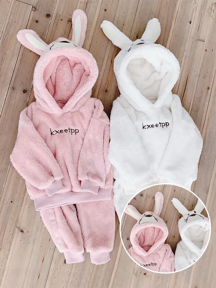 rabbit suit with fleece thickened kids pajamas two suits pink