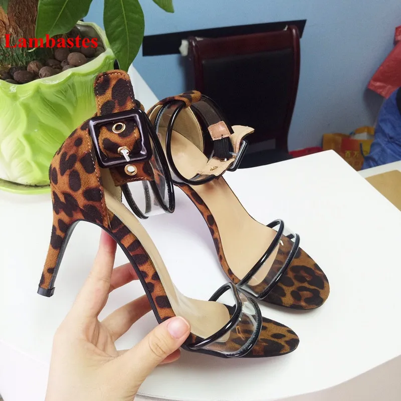 2018 Summer Shoes Women Open Toe Leopard Pattern Designer PVC Transparent Women Sandals Buckle Strap Sexy Thin Heel Shoes Mujer