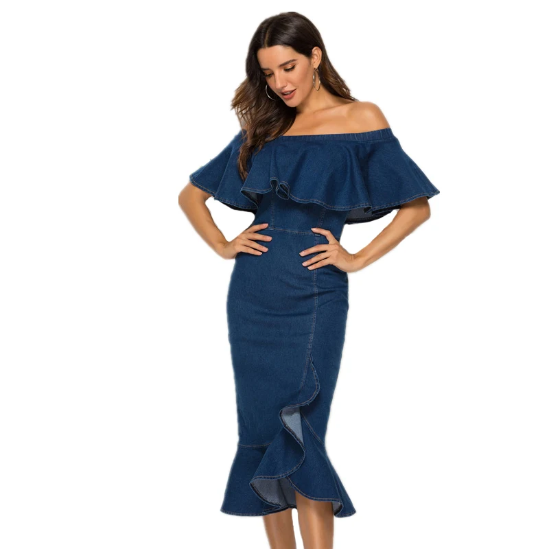 Women sexy ruffles bodycon midi jeans Casual slash neck demin dress Ladies party club dress sundress robe longue
Women sexy ruffles bodycon midi jeans Casual slash neck demin dress Ladies party club dress sundress robe longue