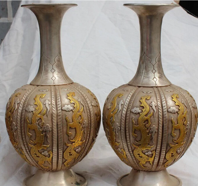 12" Chinese Silver Gilt Fengshui Pumpkin vase Six Dragon Jar vase Pair Statue R0709
12" Chinese Silver Gilt Fengshui Pumpkin vase Six Dragon Jar vase Pair Statue R0709