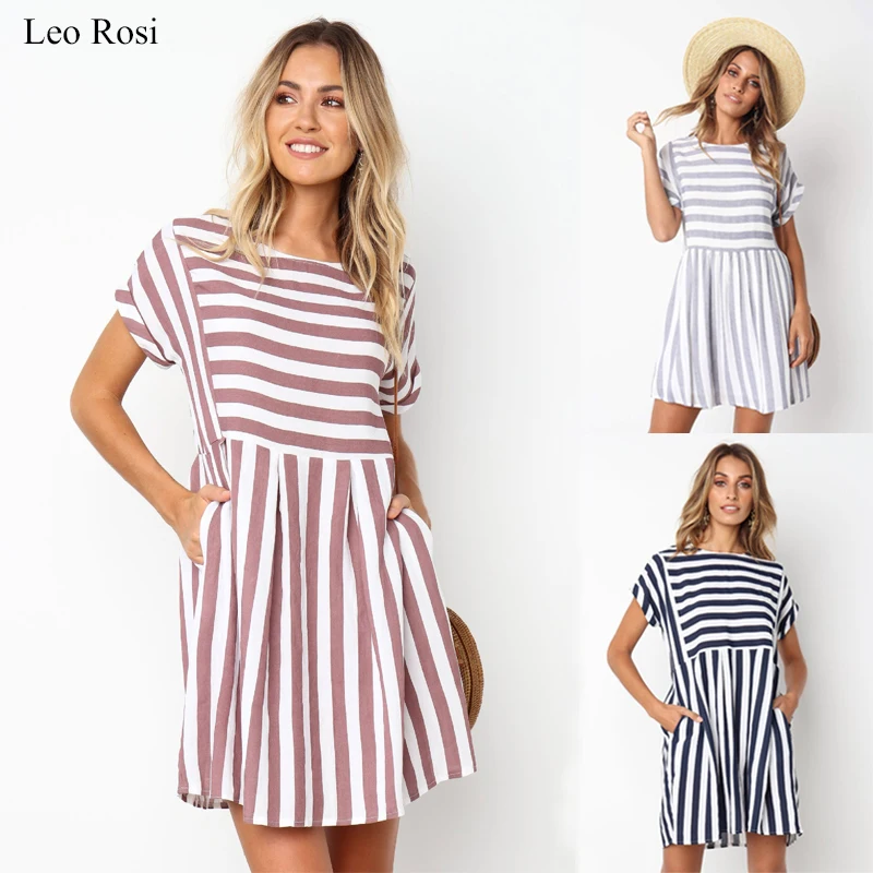 

Leo Rosi 2019 Summer New dresses Boho Cute Blue Detail Striped Smock Summer Dress Women High Waist Short Tunic Casual Dresses
