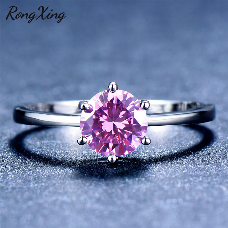 

RongXing Six Claw Round Birthstone Engagement Rings for Women 925 Sterling Silver Filled Pink/Green/Blue Zircon Ring Simple Gift