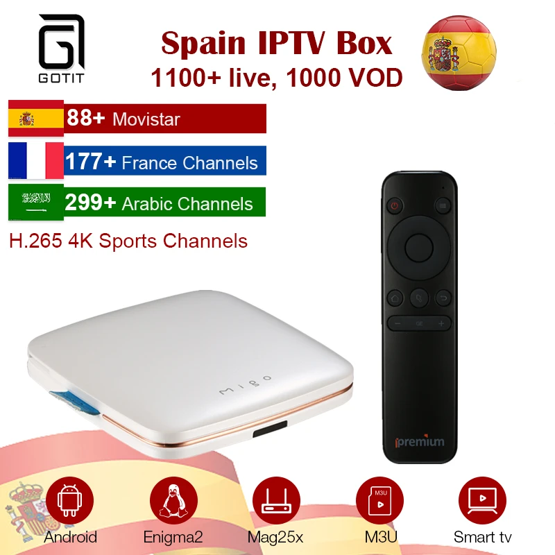Spain Ipremium Migo Mini Android 5.1 Smart TV Box+Procaja IPTV Box 4K H.265 1100 Live French Spanish Arabic Set Top Box
Spain Ipremium Migo Mini Android 5.1 Smart TV Box+Procaja IPTV Box 4K H.265 1100 Live French Spanish Arabic Set Top Box