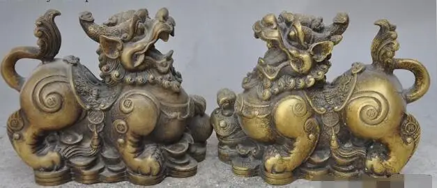 S02171 China bronze fengshui Lucky wealth money Kylin Unicorn Pi Xiu beast Statue Pair (B0413)