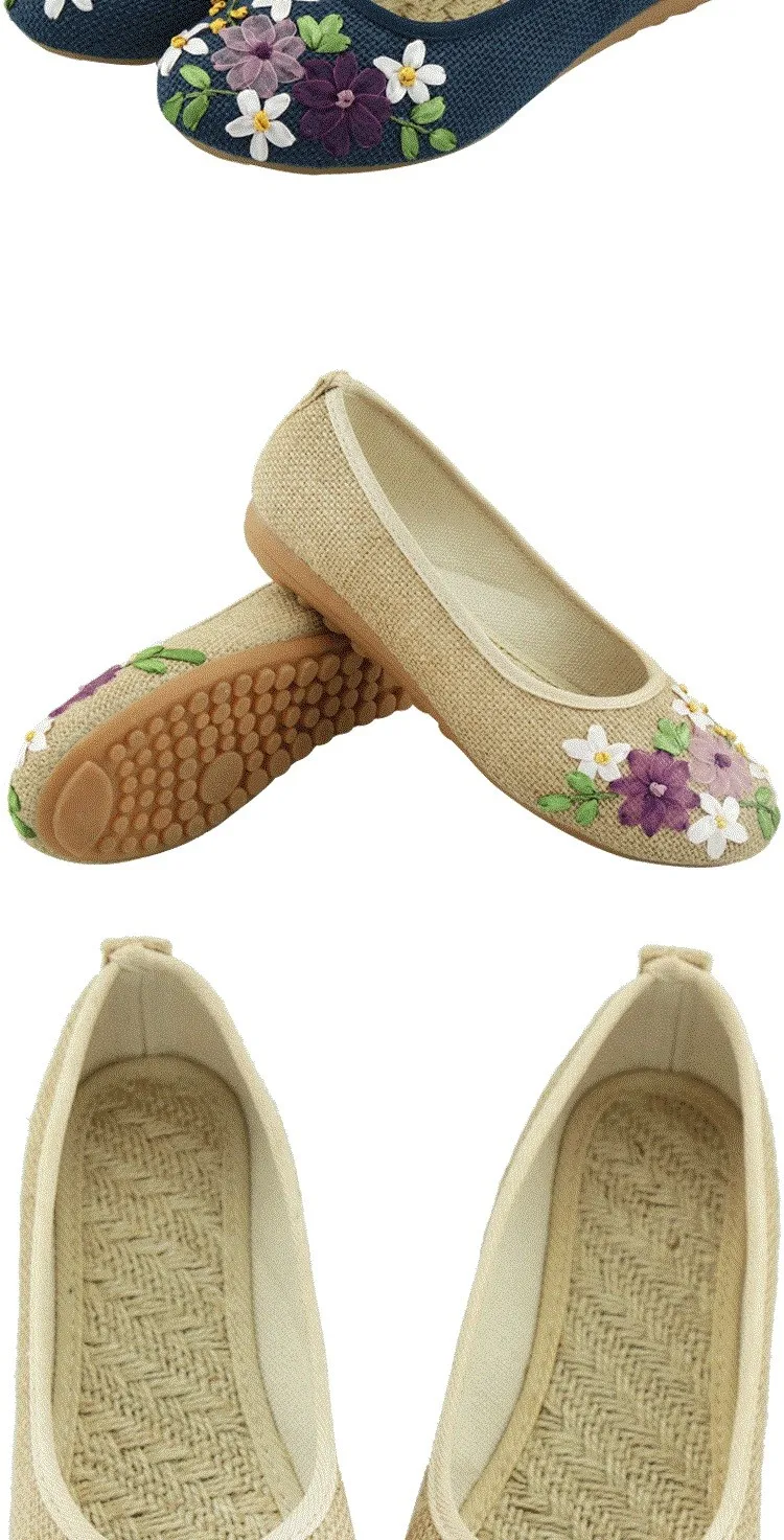 Vintage Embroidered Women Flats Flower Slip On Cotton Fabric Linen Comfortable Old Peking Ballerina Flat Shoes Sapato Feminino 10