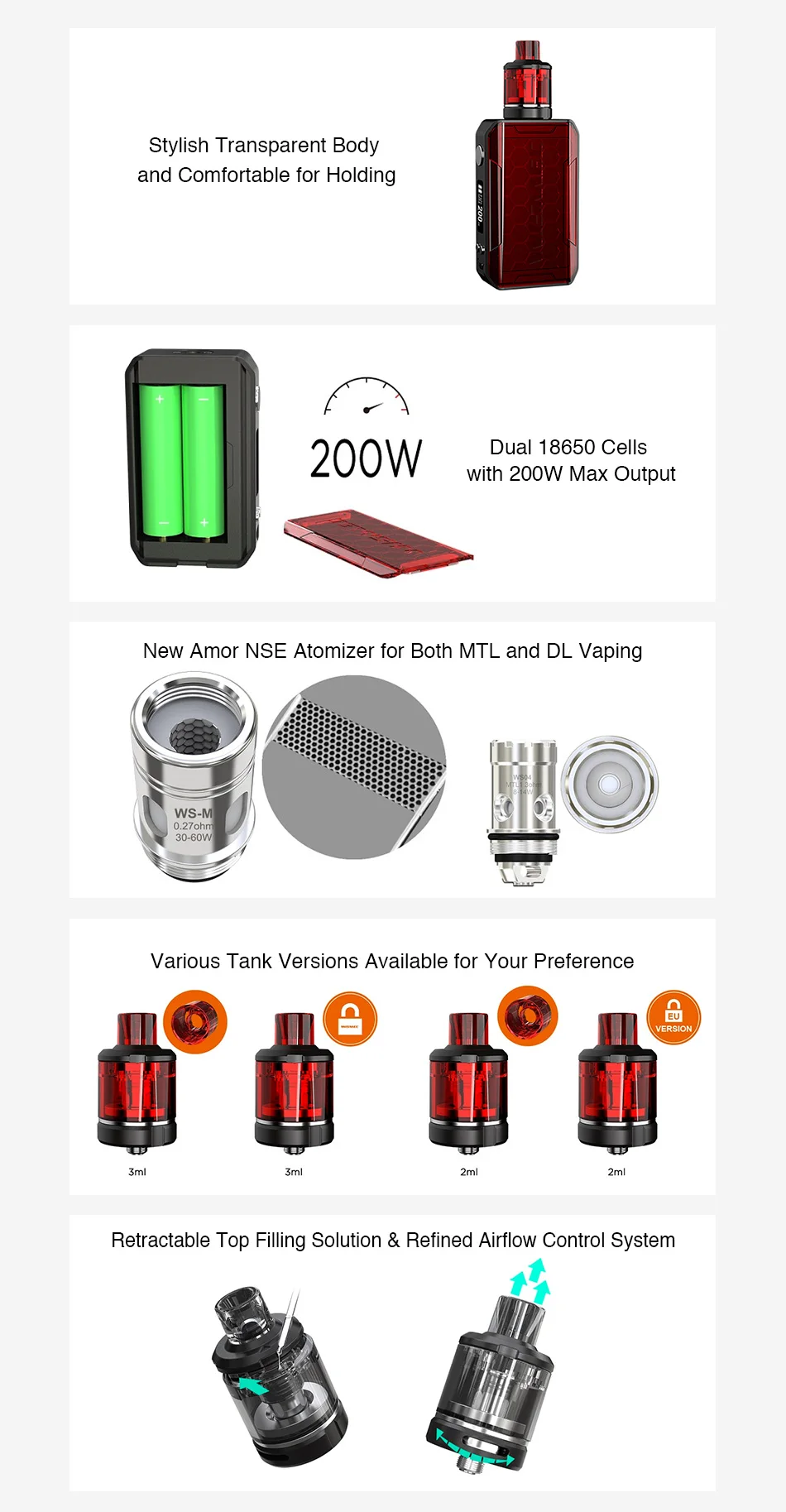 New Original 200W WISMEC SINUOUS V200 TC Kit with 2ml/3ml Amor NSE Tank & Child Lock MTL & DL Vape Kit No 18650 Battery Box Mod