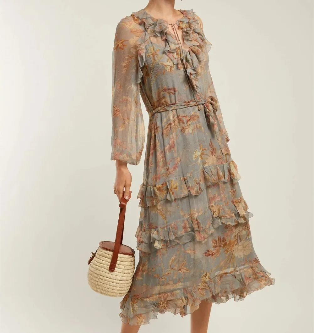 Women Ruffle-trimmed V-neck Grey Unbridled Cascade Floral-print Silk Dress With Tie Belt
Women Ruffle-trimmed V-neck Grey Unbridled Cascade Floral-print Silk Dress With Tie Belt
