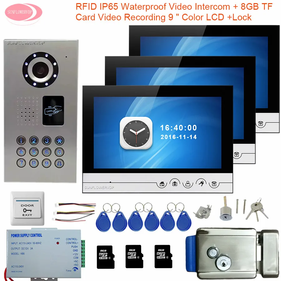 

Video Intercom With Recording+8GB TF Card Touch Buttons 9inch Video Intercom 3 Monitors IP65 Waterproof Rfid Electronic Lock Kit