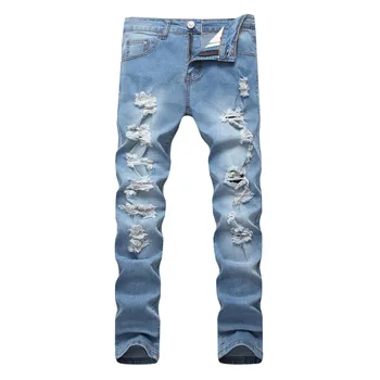 

Men's Ripped Jeans 2018 Designer Pants Slim Fit Light Blue Denim Joggers Male Distressed Destroyed Trousers Button Fly Pants