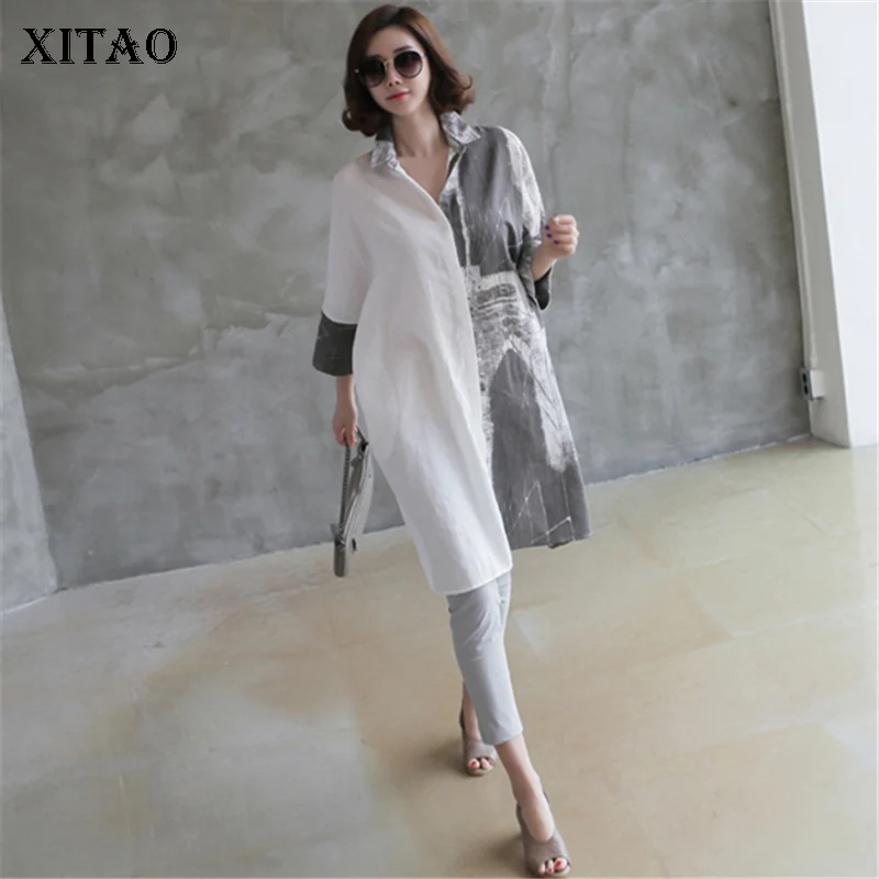 

[XITAO] Korea 2018 New Autumn Casual Women Patchwork Print Pocket Long Shirts Female Three Quarter Sleeve Loose Blouse LJT3139