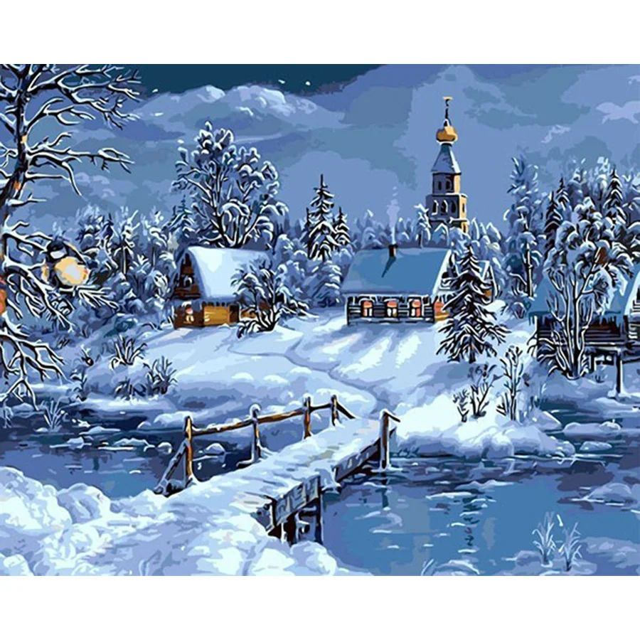 Christmas Snow Landscape DIY Painting By Numbers Handpainted Canvas Unique For Decoration Artwork | Дом и сад