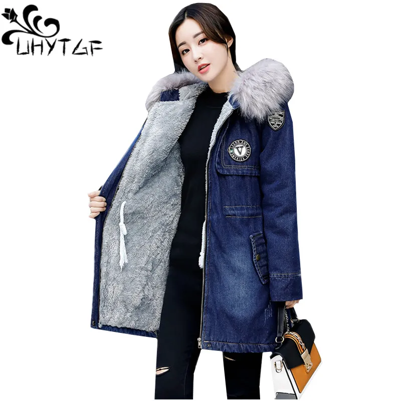 UHYTGF Winter denim jacket Cotton women Tops long Coat fur collar Hooded jeans Female thick lambswool Warm Outerwear 635 | Женская