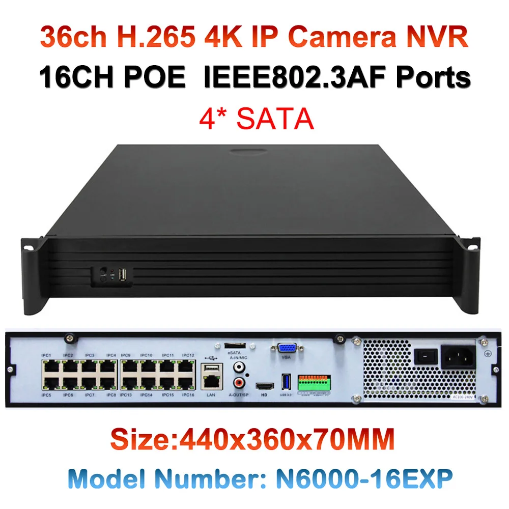 

36ch ONVIF Super HD 4K NVR DVR h.265 video recorder for 4K/5mp/4mp/3m/2mp IP camera With 16CH POE 48V surveillance cctv system
