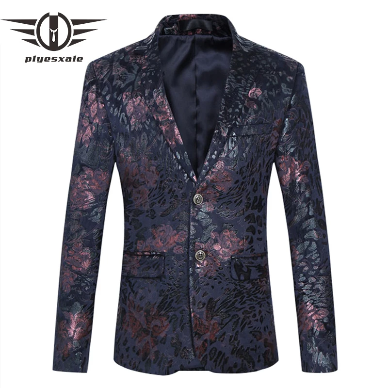 

Plyesxale Men Blazer 2018 Slim Fit Mens Floral Blazer Famous Brand Navy Blue Wine Red Velvet Blazer 6XL Vintage Stage Wear Q225