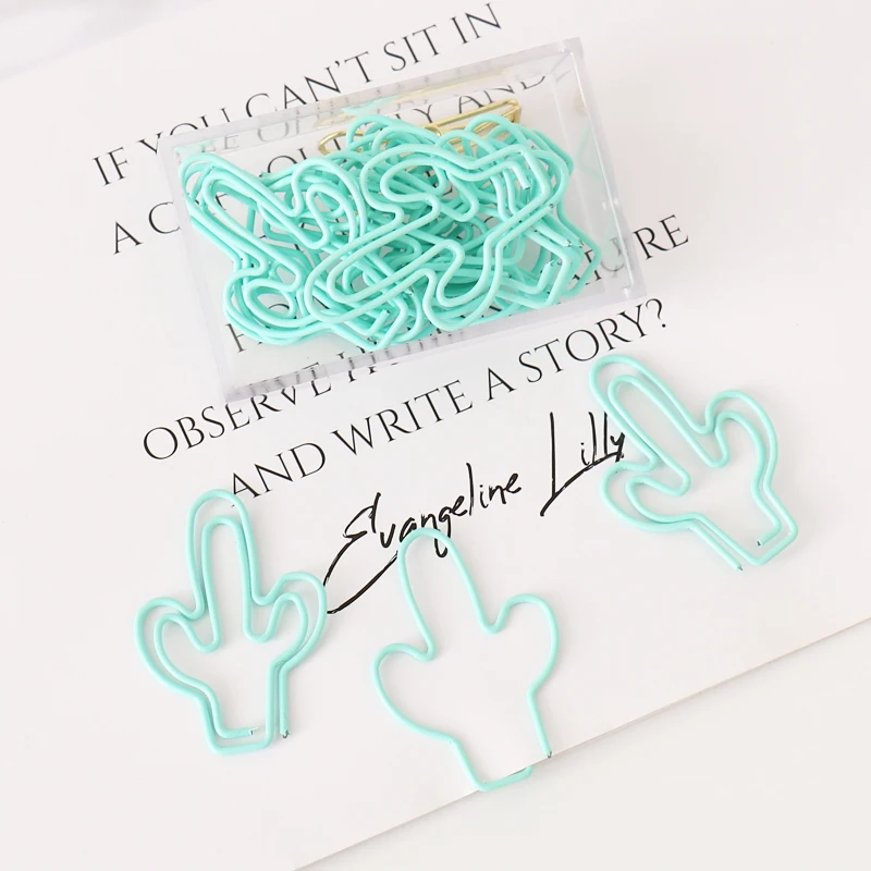 

20pcs/box Cactus Shape Paper Clips Light Green Metal Clips Cartoon Shape Funny Bookmark Office Shool Stationery Marking Clips