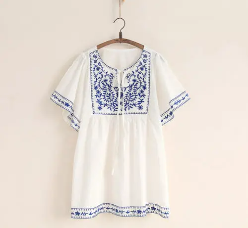 

Hot Sale White Women Ethnic Embroidered Boho Hippie Peasant Mexican Loose Gypsy Blouse Tops Free Size Free Shipping