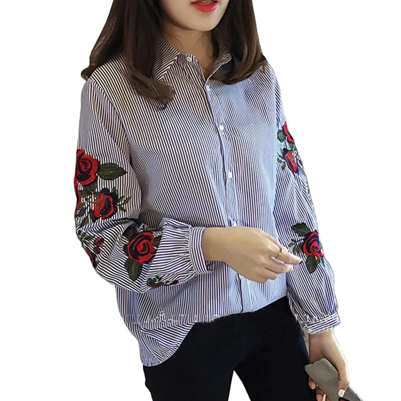 Women Blouses Turn Down Collar Floral Embroidery B...