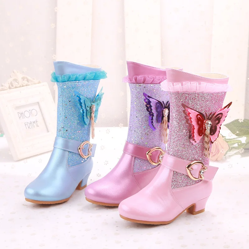 Winter Snow Girls Children kids boots High Heel Boots Children Princess Boots Butterfly Girls Party Shoes Cosplay Dress Shoes
