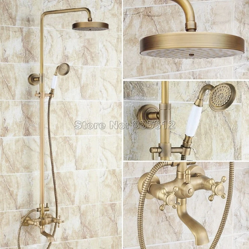 

Wall Mounted Antique Brass Rain Shower Faucet Set with Round Shower Head & Bathroom Dual Cross Handles Bathtub Mixer Taps Wrs128