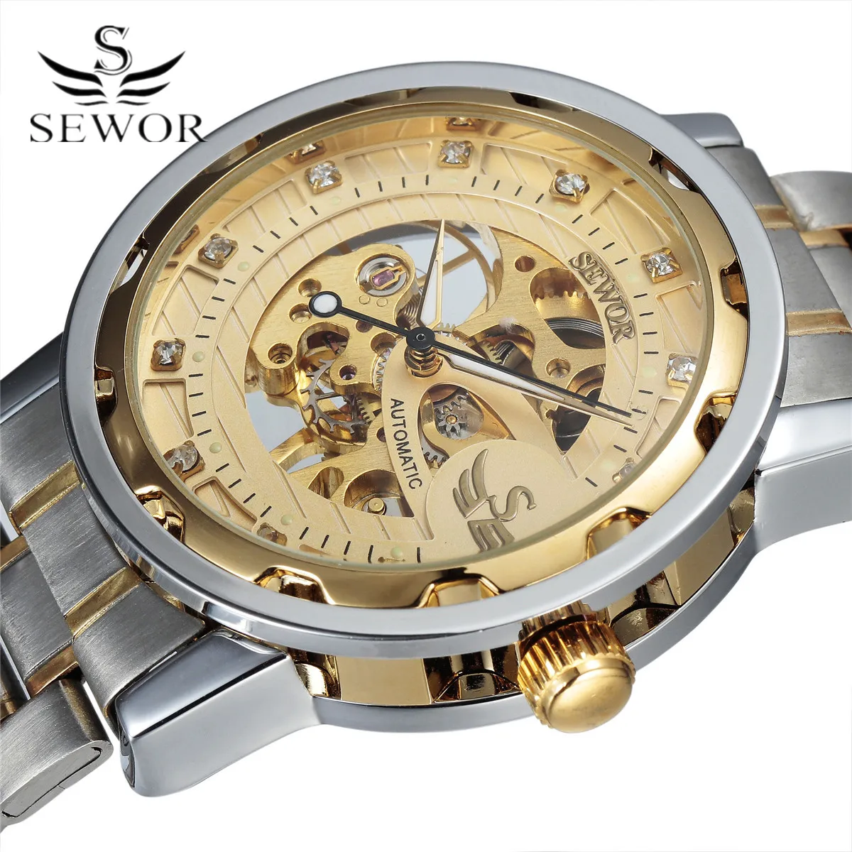 SEWOR Golden Men Skeleton Mechanical Watch Stainess Steel Steel Diamond Watches Transparent Steampunk Montre Homme Wristwatch
SEWOR Golden Men Skeleton Mechanical Watch Stainess Steel Steel Diamond Watches Transparent Steampunk Montre Homme Wristwatch