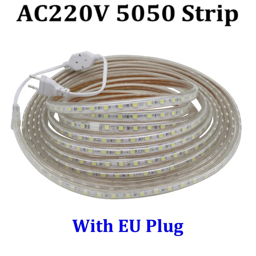 

SMD 5050 AC 220V led strip flexible light 1M/2M/3M/4M/5M/6M/7M/8M/9M/10M/15M/20M +Power Plug,60leds/m ip67 Waterproof led light