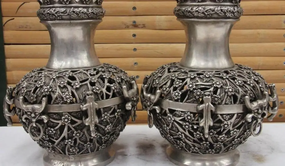 China Palace Dragon Beast Plum Blossom Bottle White Copper Silver Pot Vase Pair
China Palace Dragon Beast Plum Blossom Bottle White Copper Silver Pot Vase Pair