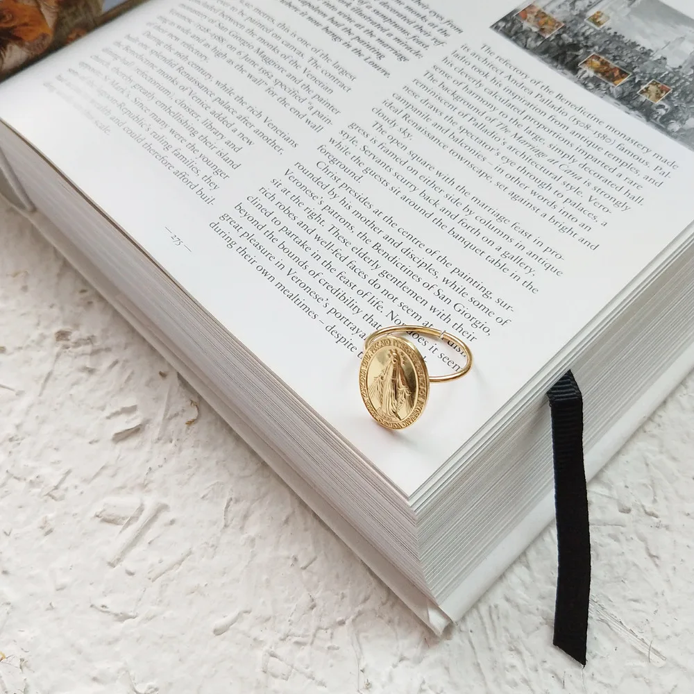 Gold Color Minimalist 925 Sterling Sliver Rings for Women Personalized Abstract Mary Portrait Coin Open Rings Engagement Bijoux (3)