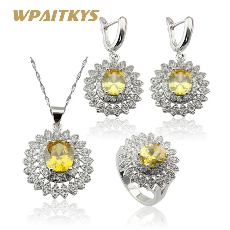 WPAITKYS Flower Yellow Stones White Zirconia Silver Color Jewelry Sets For Women Earrings Necklace Pendant Ring Free Gift Box
WPAITKYS Flower Yellow Stones White Zirconia Silver Color Jewelry Sets For Women Earrings Necklace Pendant Ring Free Gift Box