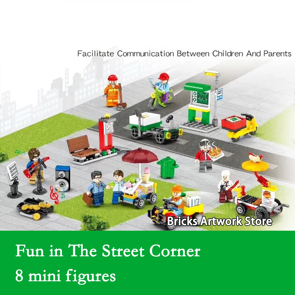 Figures Pack Fit Legoness City Fun on the Street 8 in 1 Set Pizza man Bus Station Hotdog Building Blocks Toys for Children Gifts
Figures Pack Fit Legoness City Fun on the Street 8 in 1 Set Pizza man Bus Station Hotdog Building Blocks Toys for Children Gifts
