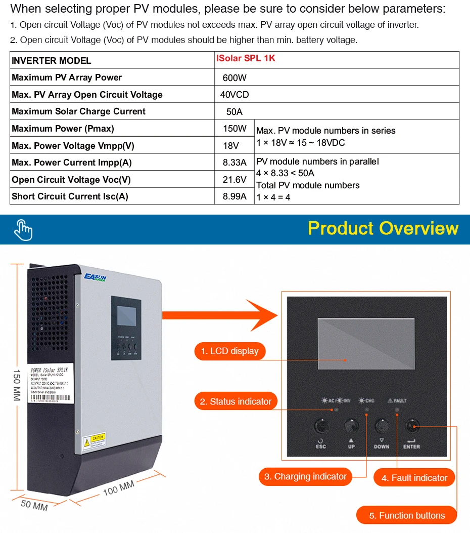 EASUN POWER Solar Inverter 1KVA 12V 220V Pure Sine Wave Hybrid Inverter Built in 50A PWM Solar Charge Controller Battery Charger ISolar SPL 1K-03