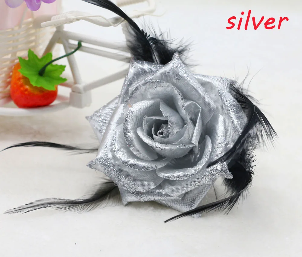 

1PCS NEW silver Rose Corsage Glitter Headdress Flower Feather Fascinator Hairband Brooch WRIST Flower