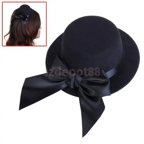 

Ladies Mini Top Hat Fascinator Burlesque Millinery Headwear w/ Bowknot - Black