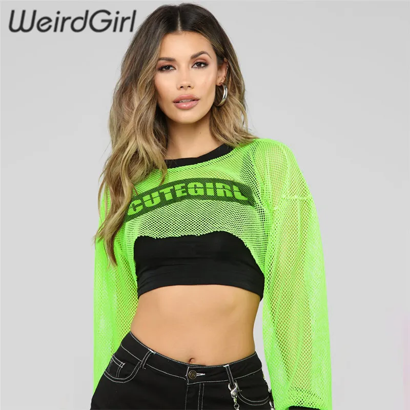 Weirdgirl women fashion t-shirts mesh see through o-neck long sleeve neon green loose female tees crop tops letter print summer
Weirdgirl women fashion t-shirts mesh see through o-neck long sleeve neon green loose female tees crop tops letter print summer