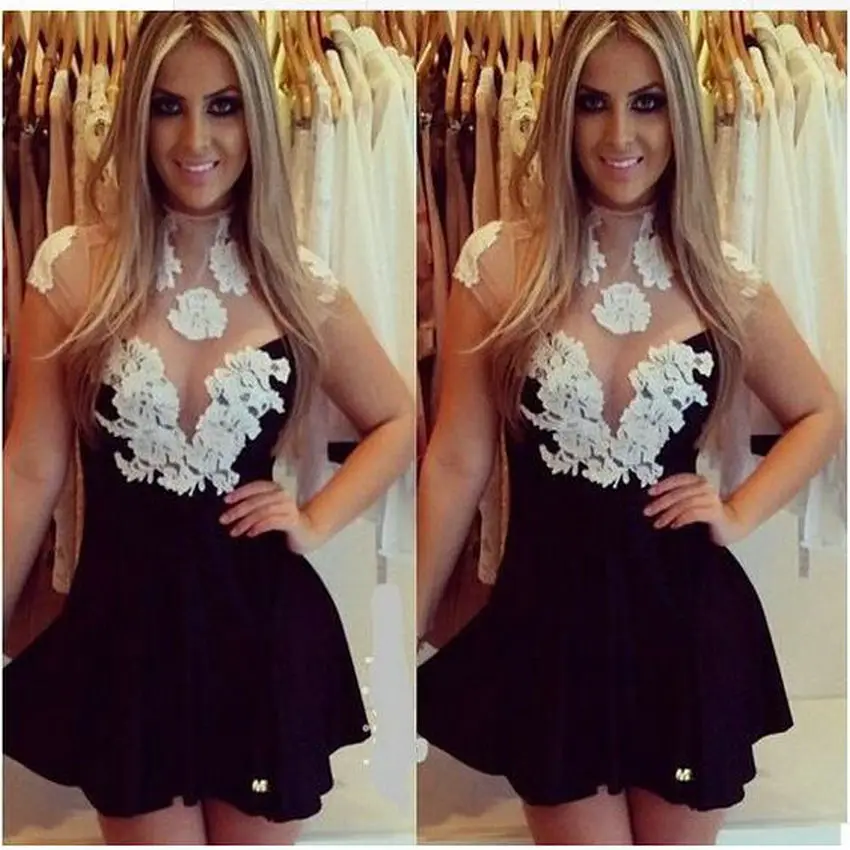 Vestido Curto Black Satin Short Sleeves A-Line Homecoming Dresses 2019 High Neck Appliques Lace Short Graduation Dress
Vestido Curto Black Satin Short Sleeves A-Line Homecoming Dresses 2019 High Neck Appliques Lace Short Graduation Dress