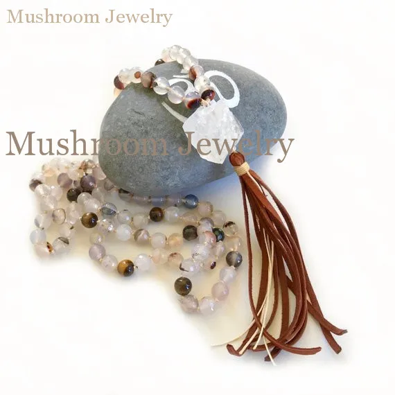 Boho Chic Hand Knotted Agates And White Crystal Nugget 108 Mala YogaTassel Necklace
Boho Chic Hand Knotted Agates And White Crystal Nugget 108 Mala YogaTassel Necklace