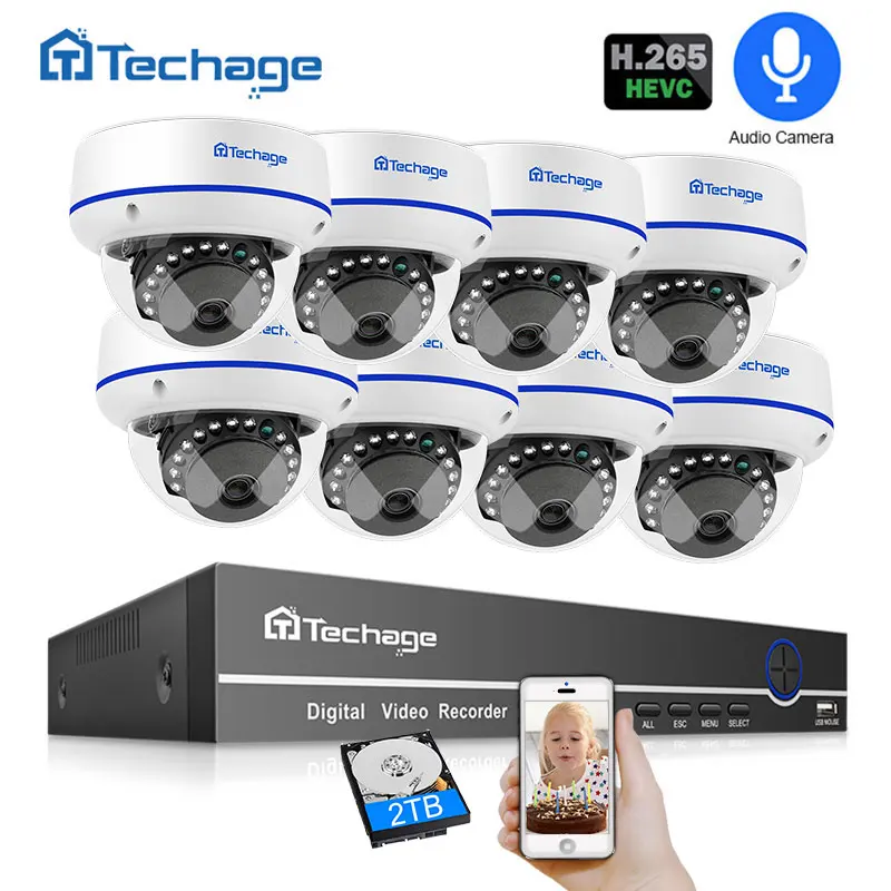 Techage H.265 8CH 1080P CCTV система безопасности 2.0MP POE NVR комплект аудио купольная Крытая ip