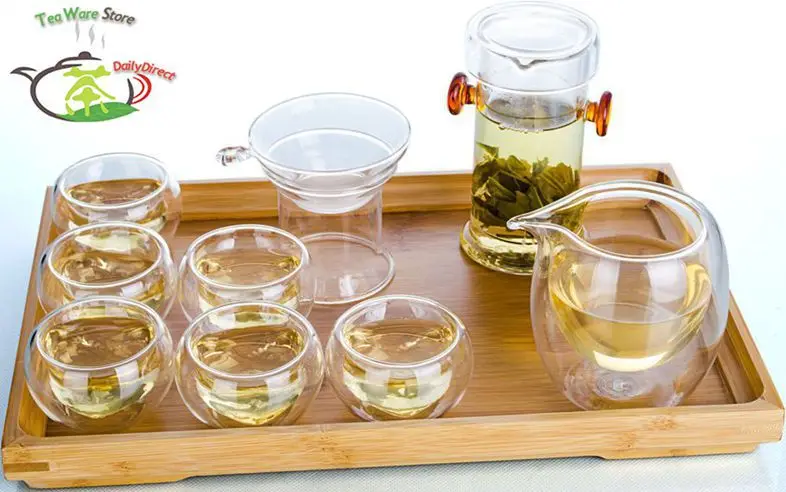 1x Kung fu Coffee Tea Set -Glass Double Red Ear Handles Pot + Strainer+ Chahai +6 Heart Double Wall Layer Cup + Bamboo Tray
1x Kung fu Coffee Tea Set -Glass Double Red Ear Handles Pot + Strainer+ Chahai +6 Heart Double Wall Layer Cup + Bamboo Tray