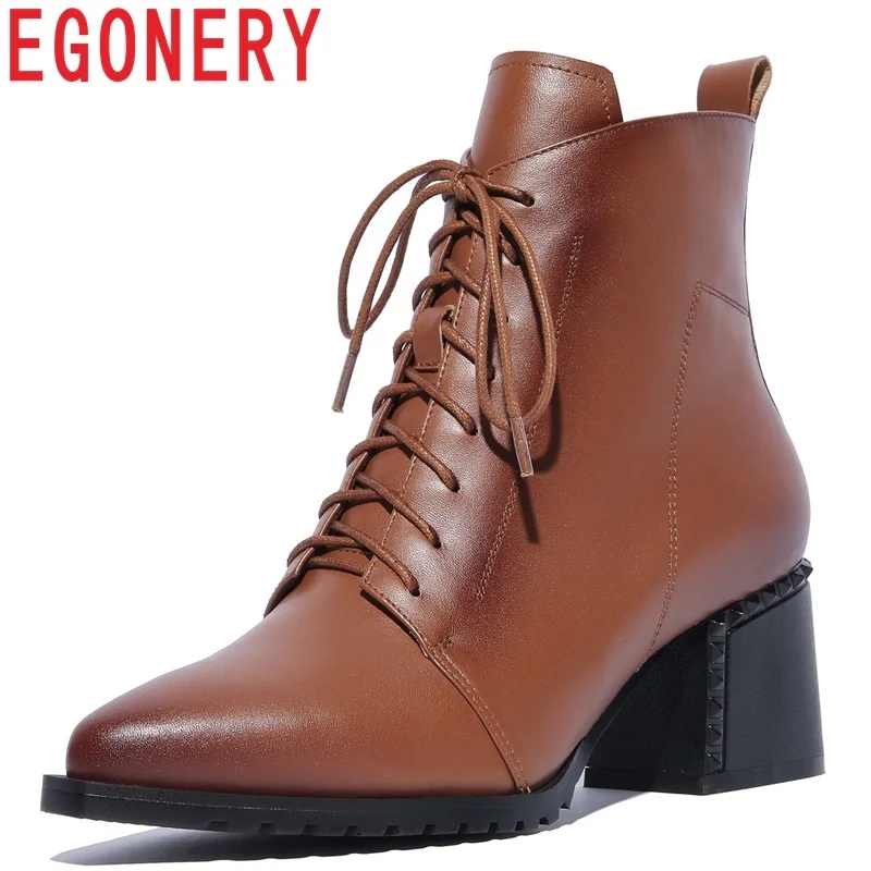 

EGONERY newest high quality genuine leather shoes women high square heel cross-tied pointed toe zipper two colors ankle boots